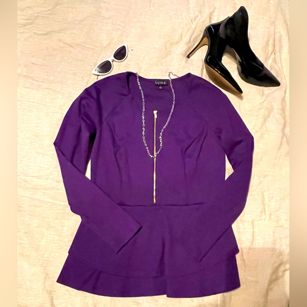 Venus royal purple peplum layered long sleeve sexy top sz medium